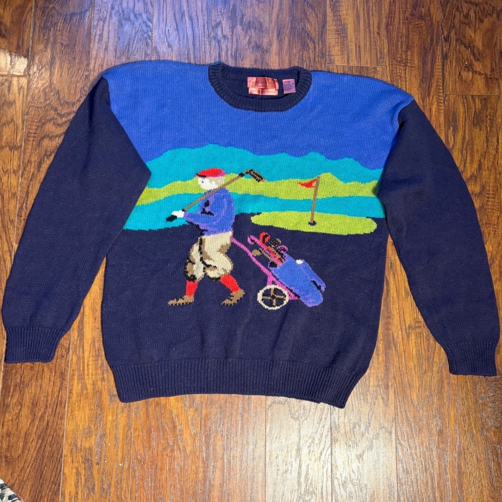 Northern Isles Vintage Golf Intarsia Hand Loomed Sweater Graphic Navy Blue XL